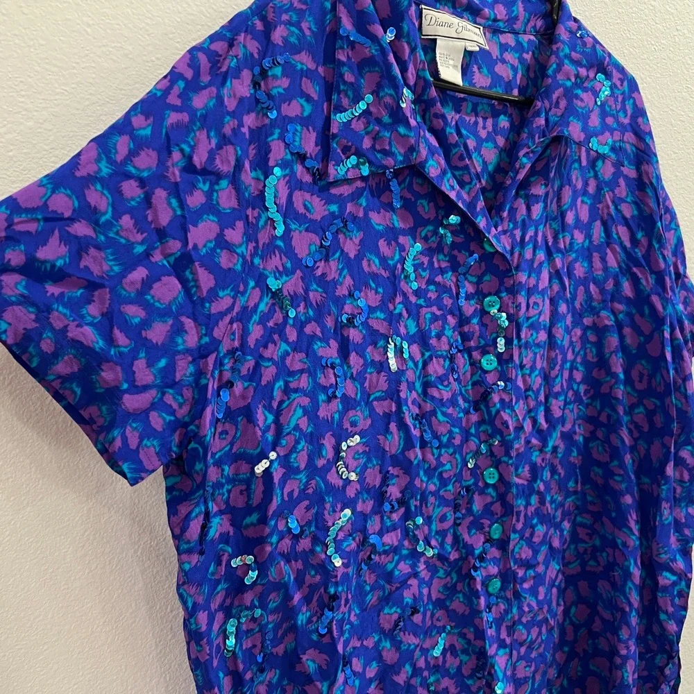 Vintage Diane Gilman 2X Silk Animal Print‎ Sequin Button Up Top Blue Purple 90s - Picture 2 of 7